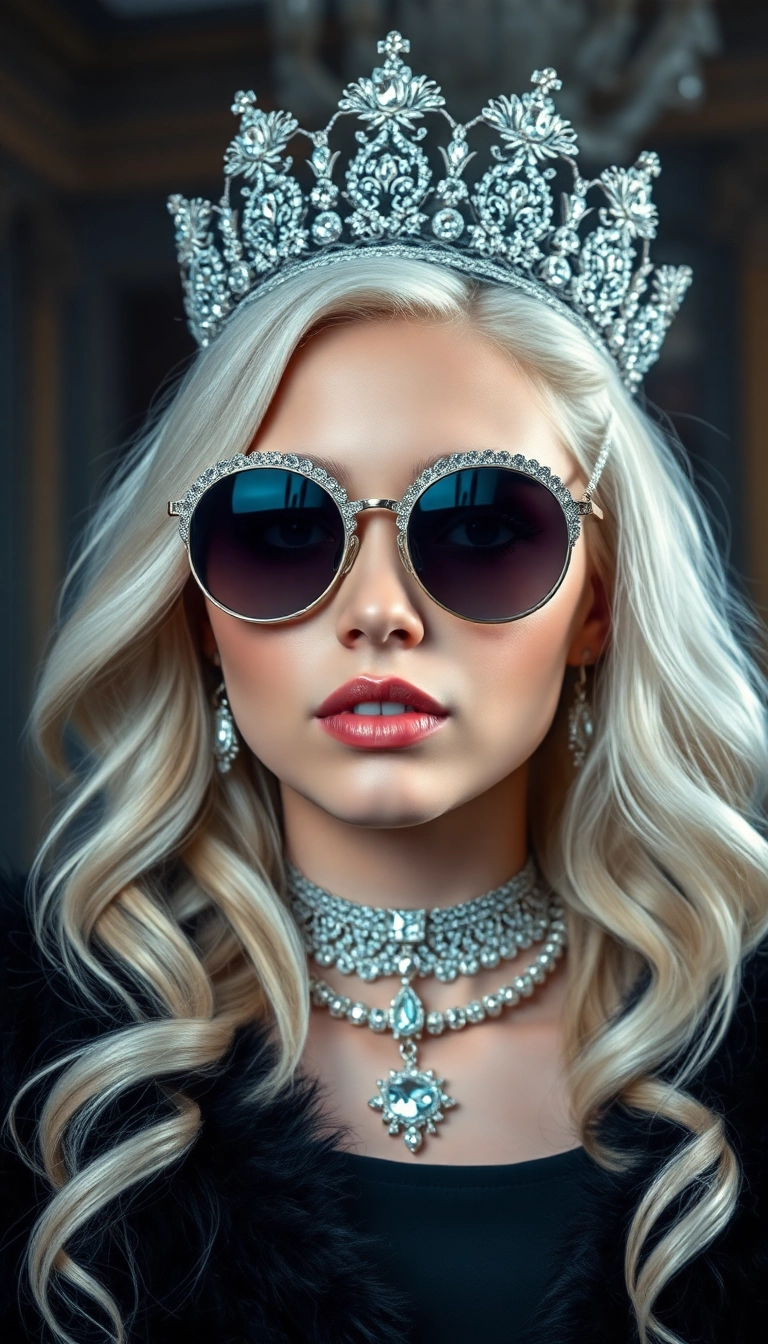 iPhone Young Platinum Blonde Queen in Black Fur Scenic Wallpaper